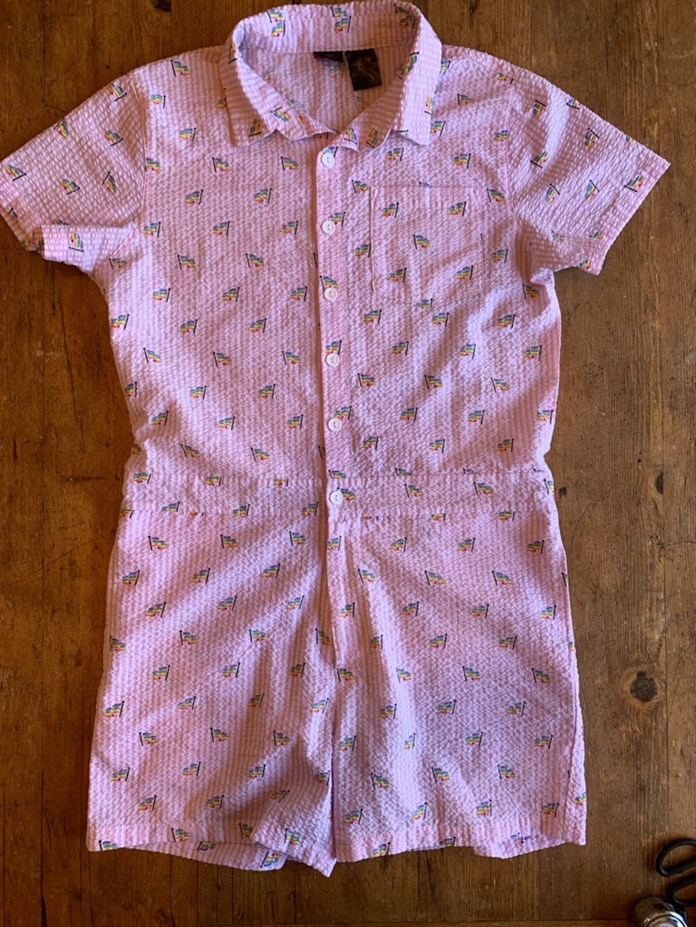 MAD Engine Pink Seersucker Button Down Gay Pride Flag Romper